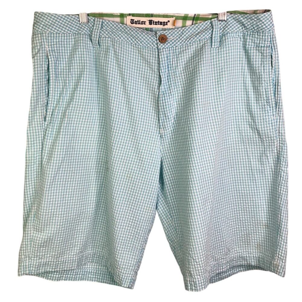 Tailor Vintage‎ Shorts Mens Size 30 Blue Flat Front Gingham Slit Pocket